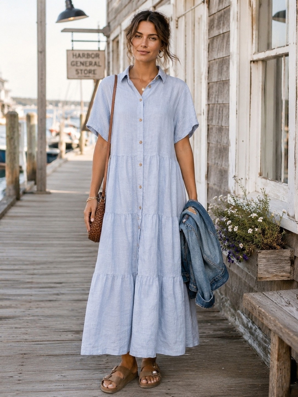 Cynthia Rowley 100% Linen Blue Tiered Maxi Shirt Dress M